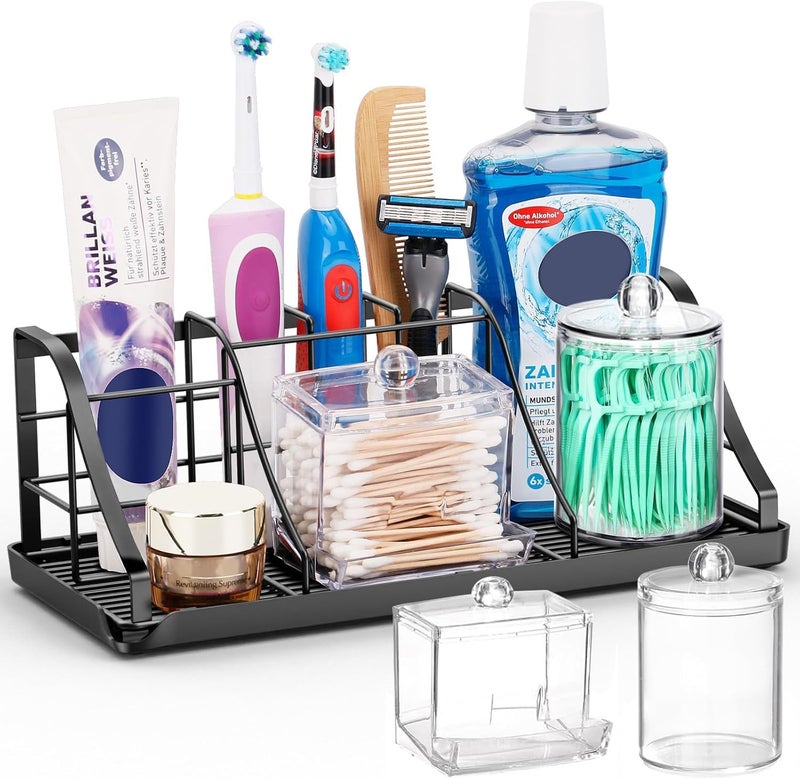 Chintu Toothbrush Holders Set with 2 Pack Qtip Holder Dispenser, Kids Electric Toothbrush and Toothpaste Holder, 7 Slots Tooth Brushing Holder for Bathroom Sink Countertop Organizer and Storage Accessories - Image 1